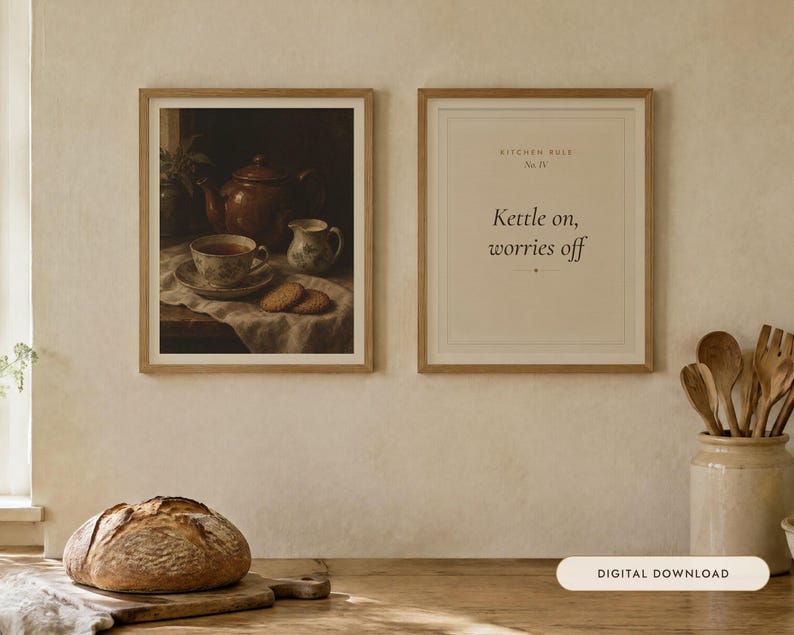 The Teapot Kitchen Print Set of 2 | Vintage Still Life Oil Painting and Kitchen Rule Quote | Cottage Kitchen Wall Art | Digital Download image 1