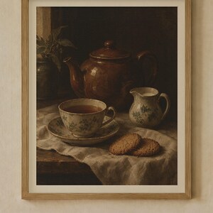 The Teapot Kitchen Print Set of 2 | Vintage Still Life Oil Painting and Kitchen Rule Quote | Cottage Kitchen Wall Art | Digital Download image 2