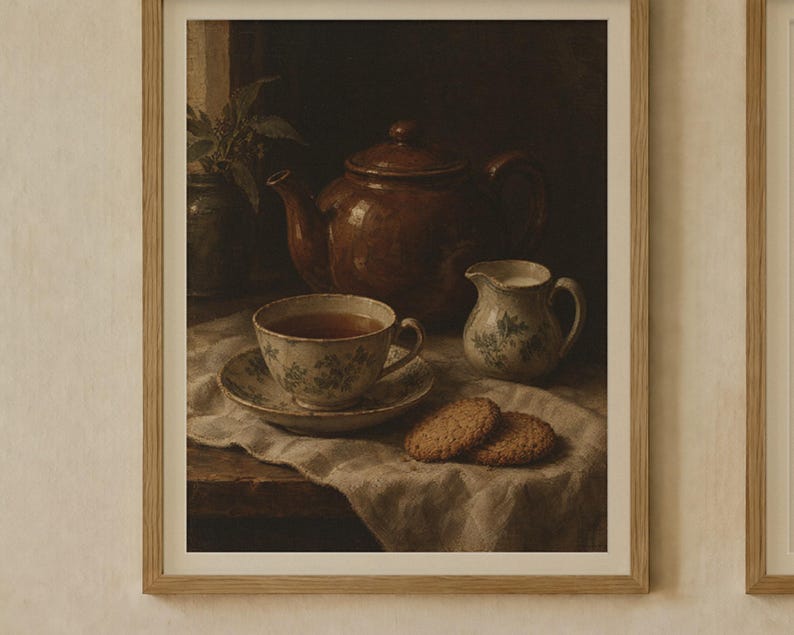 The Teapot Kitchen Print Set of 2 | Vintage Still Life Oil Painting and Kitchen Rule Quote | Cottage Kitchen Wall Art | Digital Download image 2
