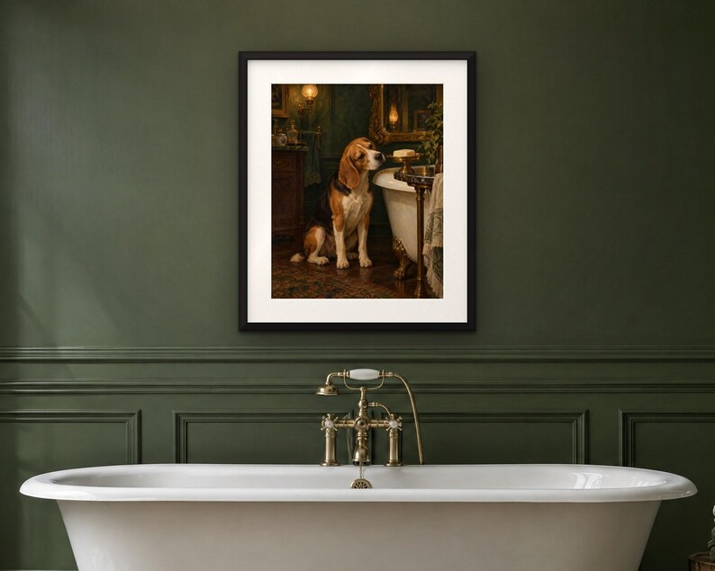 Beagle Bathroom Wall Art, Funny Dog Oil Painting Print (Digital Download) image 4