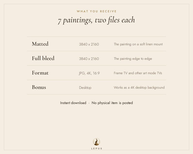 Puede incluir: Una tabla de informaci&oacute;n digital titulada WHAT YOU RECEIVE 7 paintings, two files each. Enumera especificaciones para archivos Matted, Full bleed, Format y Bonus en resoluci&oacute;n 3840 x 2160, JPG, 4K, 16:9 y fondo de escritorio.
