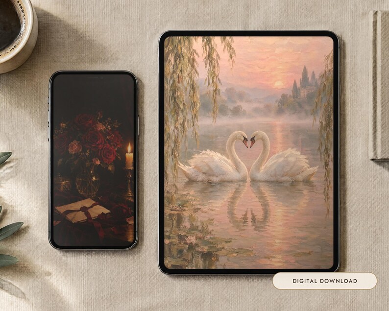 Puede incluir: Una tableta que muestra una pintura digital de dos cisnes blancos formando un coraz&oacute;n en un lago brumoso al atardecer, junto a un tel&eacute;fono inteligente con un bodeg&oacute;n oscuro de rosas rojas y una vela, con el texto Digital Download visible.