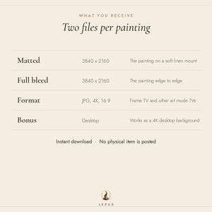 May include: A digital information chart titled What You Receive Two files per painting. It lists specifications for Matted and Full bleed files at 3840 x 2160, JPG 4K 16:9 format for Frame TVs, and a bonus desktop background. Includes text: Instant download No physical item is posted and Lepus logo.