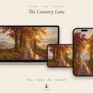 May include: A digital wallpaper set titled The Country Lane displayed on a laptop, tablet, and smartphone. The screens feature an autumn landscape with a tree-lined path, golden sunlight, and fallen leaves. Text includes Phone, Ipad, Desktop, The Country Lane, Iphone, Android, Ipad, Mac and Pc, and Lepus.