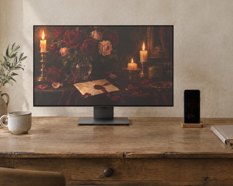 May include: A computer monitor displaying a still life painting of red roses, lit candles, and a sealed envelope on a dark surface. The monitor sits on a wooden desk next to a ceramic mug, a smartphone on a wooden stand, and a notebook.