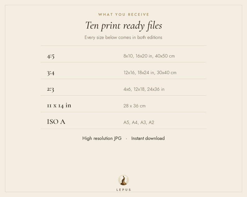 May include: A digital information chart titled What You Receive Ten print ready files. It lists five aspect ratios and sizes including 4:5, 3:4, 2:3, 11x14 in, and ISO A with corresponding dimensions in inches and centimeters. High resolution JPG.