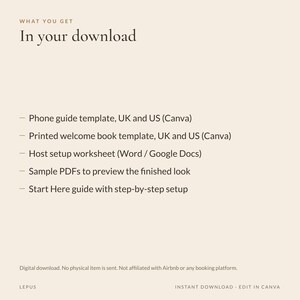 Pode incluir: Um gr&aacute;fico de informa&ccedil;&otilde;es de download digital com o texto: WHAT YOU GET In your download. A lista inclui: Phone guide template, UK and US (Canva), Printed welcome book template, UK and US (Canva), Host setup worksheet (Word / Google Docs), Sample PDFs to preview the finished look, Start Here guide with step-by-step setup.
