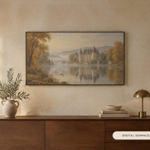 Frame TV Art: Chateau Lake, antiek landschap olieverfschilderij (digitale download) afbeelding 1