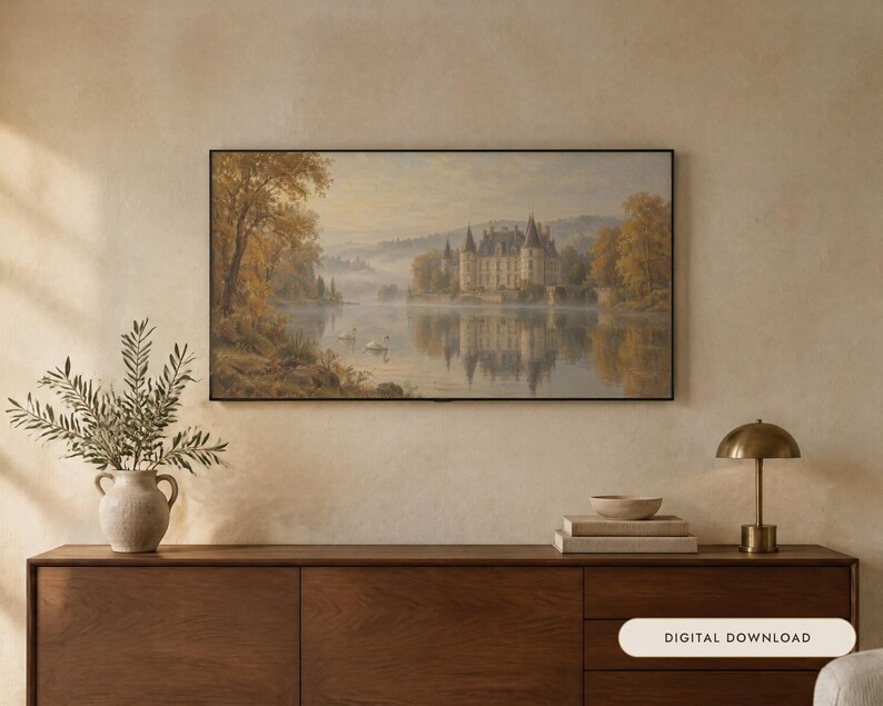 Frame TV Art: Chateau Lake, antiek landschap olieverfschilderij (digitale download) afbeelding 1