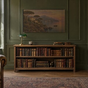 Op de afbeelding: Een houten boekenkast met twee planken gevuld met rijen antieke boeken. Op de bovenste plank staat een groene glazen bankierslamp en een kleine keramische kom. Een landschapsschilderij hangt aan de olijfgroene muur boven de kast.