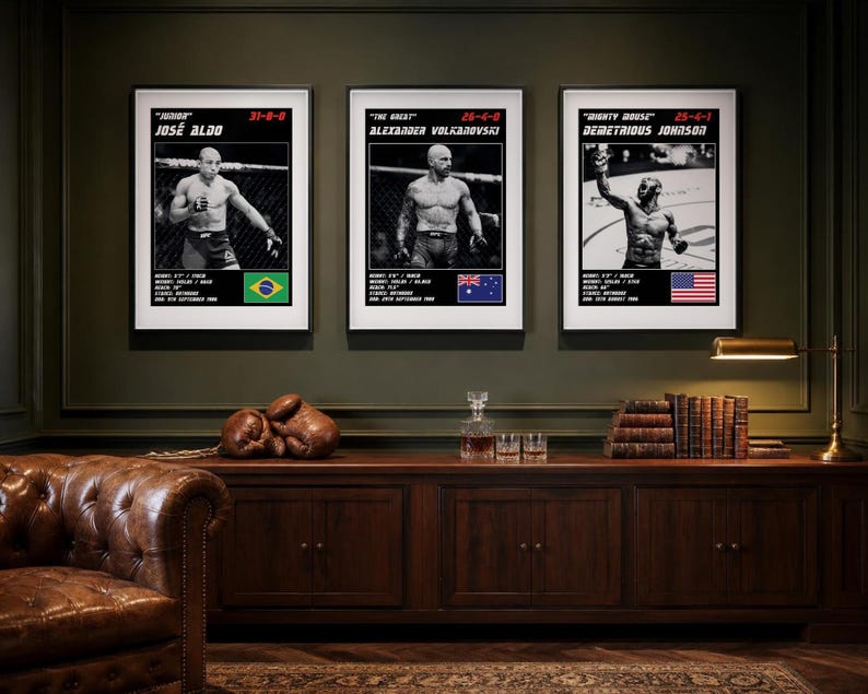 May include: Three framed black and white posters featuring MMA fighters Jos&eacute; Aldo, Alexander Volkanovski, and Demetrious Johnson. Each print includes the fighter's nickname, record, physical stats, birth date, and their respective national flag.