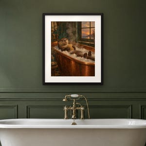 Otter in the Bath Print | Funny Bathroom Wall Art | Vintage Animal Oil Painting | Bath before bed | Digital Download image 4