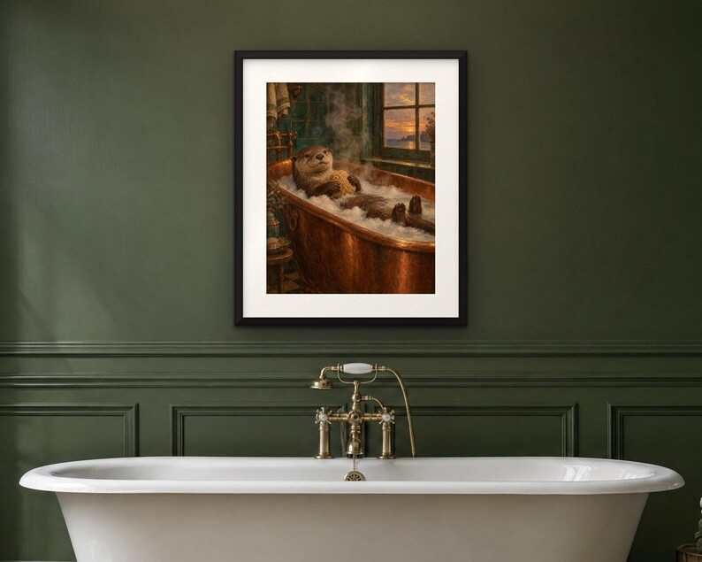 Otter in the Bath Print | Funny Bathroom Wall Art | Vintage Animal Oil Painting | Bath before bed | Digital Download image 4