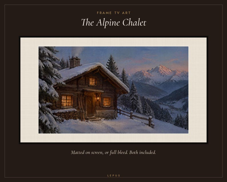 May include: Digital art for a frame TV titled The Alpine Chalet. The image depicts a wooden cabin covered in snow at dusk, with glowing windows, surrounded by pine trees and snow-capped mountains. Text includes Frame TV Art, The Alpine Chalet, and Matted on screen, or full bleed. Both included.