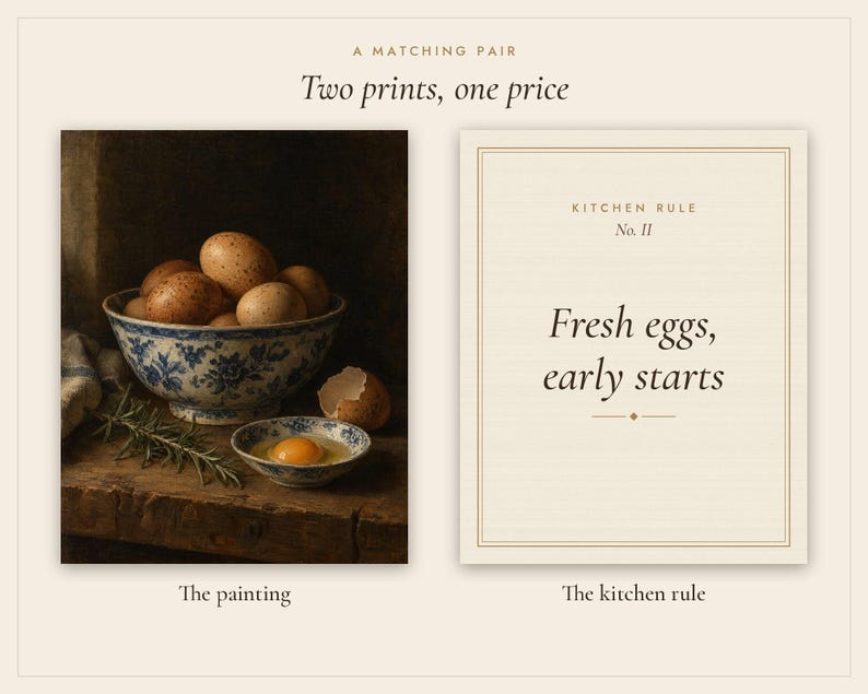 Bowl of Eggs Kitchen Print Set of 2 | Vintage Still Life Oil Painting and Kitchen Rule Quote | Cottage Kitchen Wall Art | Digital Download image 3