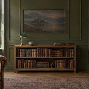 May include: A wooden bookshelf with two shelves filled with antique books, positioned against a dark green paneled wall. A green banker lamp and a small ceramic bowl sit on top of the shelf, beneath a framed landscape painting of a castle.