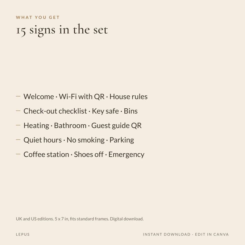15 Airbnb House Signs Template | Wifi Sign with QR, Check Out Sign, House Rules Sign | Vacation Rental Signs Bundle | Canva | UK & US image 5