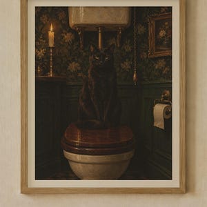 Pu&ograve; includere: Una stampa artistica da parete incorniciata che raffigura un gatto nero seduto su un sedile del water in legno in un bagno verde scuro. La scena include una candela accesa in un portacandele in ottone, una cassetta di scarico alta e carta igienica.