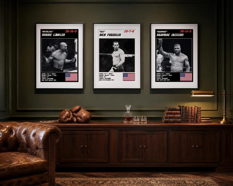 Set de 3 pósteres de MMA / Artistas del nocaut / Robbie Lawler, Rich Franklin, Rampage Jackson / Arte mural de lucha / Descarga digital imagen 3