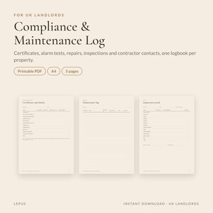Landlord Compliance Log Printable | Gas Safety, EICR and EPC Certificate Tracker, Maintenance Log, Property Inspection Form | UK image 2