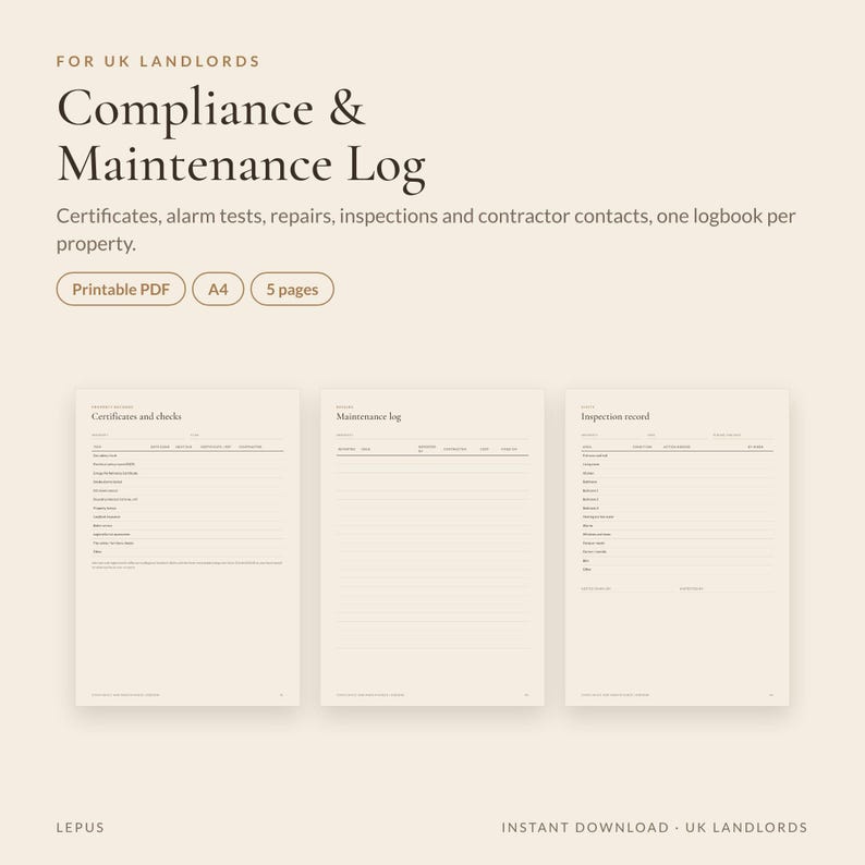 Landlord Compliance Log Printable | Gas Safety, EICR and EPC Certificate Tracker, Maintenance Log, Property Inspection Form | UK image 2