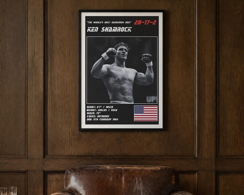 May include: A framed poster featuring a black and white photograph of Ken Shamrock with his arms raised. The text reads "The World's Most Dangerous Man" 28-17-2, Ken Shamrock, height 6'1" / 185cm, weight 205lbs / 93kg, reach 73", stance orthodox, DOB 11th February 1964, and a US flag.