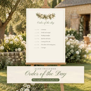 Painted Olive Wedding Seating Chart Template, Welcome Sign, Order of the Day Sign, Editable Canva Wedding Signs Set, Olive Garland image 5