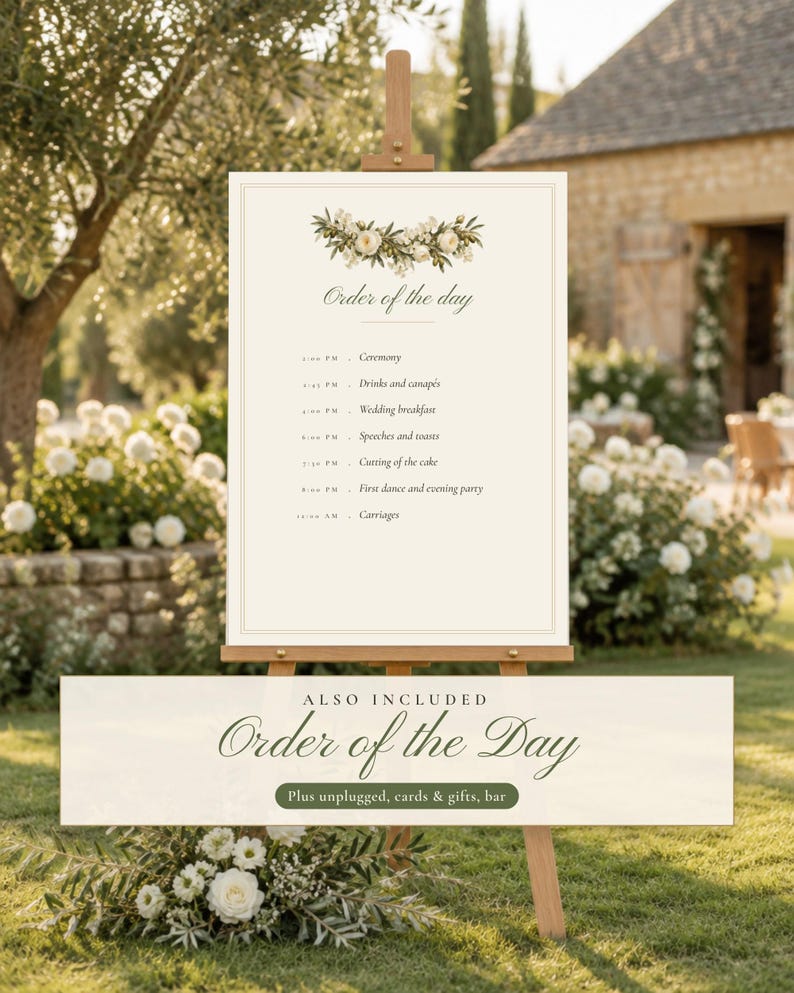 Painted Olive Wedding Seating Chart Template, Welcome Sign, Order of the Day Sign, Editable Canva Wedding Signs Set, Olive Garland image 5