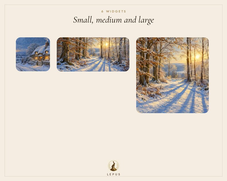 May include: A set of 6 widgets labeled Small, medium and large, featuring three rectangular images of winter landscapes. The images display a snow-covered cottage and sunlit, snow-dusted forests. The bottom includes a logo with the text LEPUS.