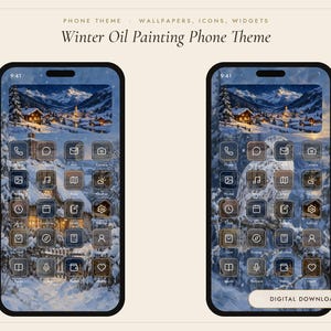 May include: A digital phone theme set titled Winter Oil Painting Phone Theme, featuring two smartphone screens displaying winter landscape wallpapers, custom app icons, and widgets with snowy mountain and owl imagery.