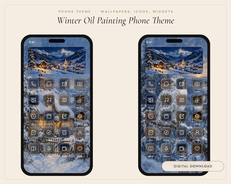 May include: A digital phone theme set titled Winter Oil Painting Phone Theme, featuring two smartphone screens displaying winter landscape wallpapers, custom app icons, and widgets with snowy mountain and owl imagery.