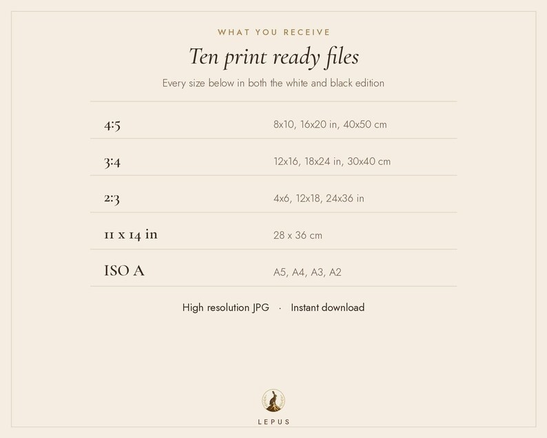 May include: A beige informational graphic titled WHAT YOU RECEIVE Ten print ready files. It lists ten file sizes in ratios 4:5, 3:4, 2:3, 11x14 inches, and ISO A, with corresponding dimensions in inches and centimeters. Includes text High resolution JPG.