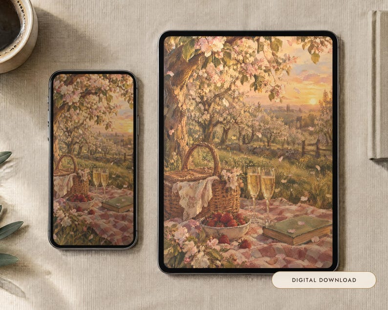 May include: A smartphone and a tablet displaying a digital illustration of a picnic scene under blooming trees. The artwork features a wicker basket, a bowl of strawberries, two glasses of champagne, and a book on a red and white chequered blanket.