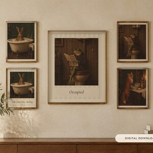 Funny Bathroom Wall Art Set of 3 | Vintage Animal Oil Paintings | Hare, Frog, Fox | Powder Room Prints | Digital Download