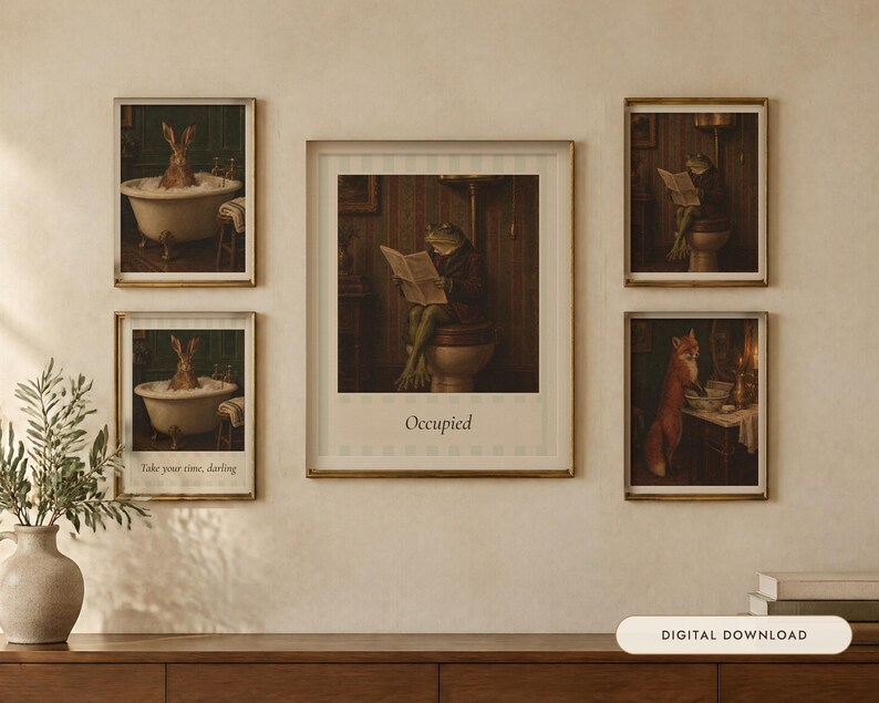 Funny Bathroom Wall Art Set of 3 | Vintage Animal Oil Paintings | Hare, Frog, Fox | Powder Room Prints | Digital Download image 1