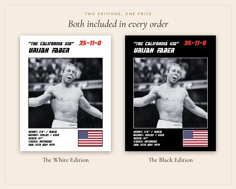 Plakat MMA Urijaha Fabera | Grafika ścienna „The California Kid Fight” | Edycje czarno-białe | Pobieranie cyfrowe zdjęcie 5