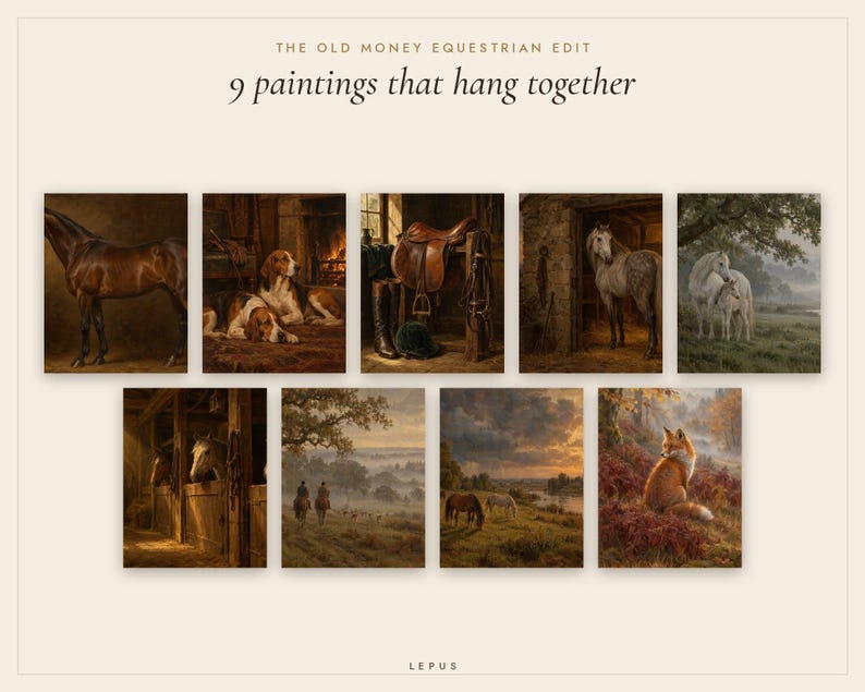 Equestrian Gallery Wall Set of 9 | Antique Horse Oil Painting Prints | Old Money Wall Art Bundle | Printable Digital Download image 3