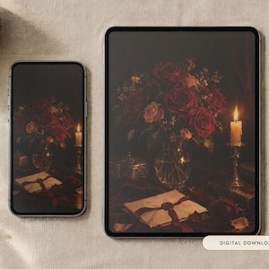 Candlelit Roses Wallpaper | Oil Painting Old Romance Phone, iPad and Desktop Background | Romantic Aesthetic | Digital Download