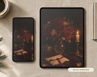 Achtergrond met rozen bij kaarslicht | Olieverfschilderij, ouderwetse romantiek, telefoon-, iPad- en desktopachtergrond | Romantische esthetiek | Digitale download