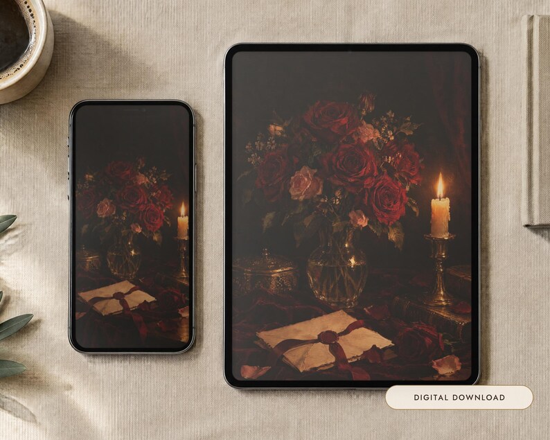 May include: A smartphone and a tablet displaying a digital image of a dark, moody still life featuring a bouquet of deep red roses in a glass vase, a lit candle in a brass holder, and a sealed envelope with a red wax seal on a table.