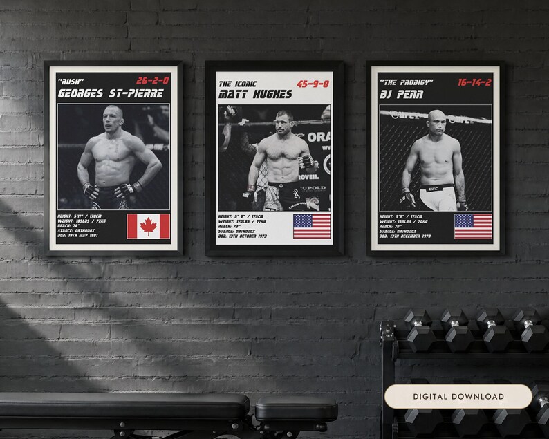 MMA Poster Set of 3 | The Welterweight Kings | St Pierre, Hughes, Penn | Gym Wall Art Bundle | Digital Download image 1