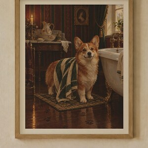 Corgi Gift Set of 2 Prints, Bathroom and Christmas Oil Paintings (Digital Download) image 2