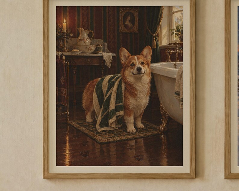 Corgi Gift Set of 2 Prints, Bathroom and Christmas Oil Paintings (Digital Download) image 2