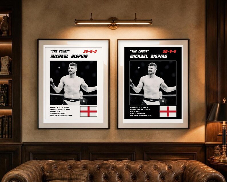 May include: Two framed posters featuring a black and white photograph of Michael Bisping. The text reads "The Count", "30-9-0", "Michael Bisping", and includes his stats: height 6' 1", reach 75.5", stance orthodox, and DOB 28th February 1979.