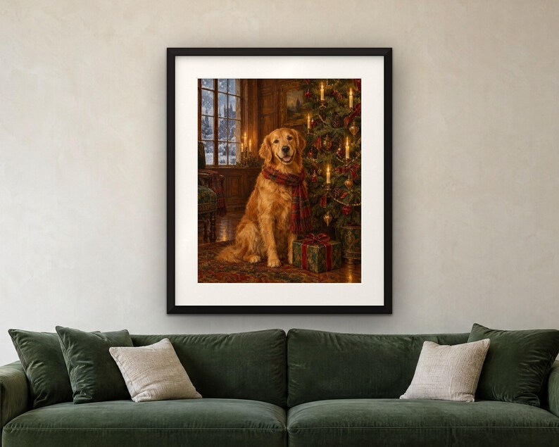 Golden Retriever Christmas Print, Vintage Oil Painting, Dog Lover Gift (Digital Download) image 4
