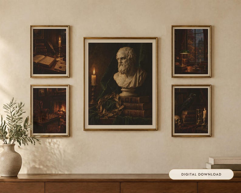 Dark Academia Gallery Wall Set of 5 | Moody Vintage Oil Painting Prints | Library Wall Art | Printable Digital Download image 1