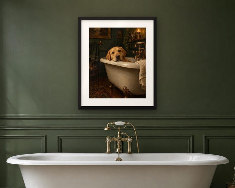 Yellow Labrador Bathroom Wall Art, Funny Dog Oil Painting Print (Digital Download) image 4