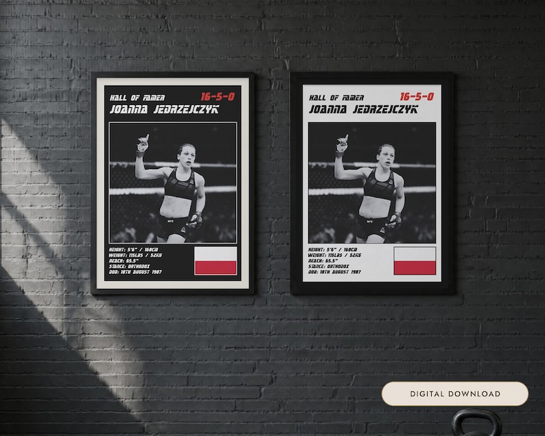 May include: Two identical framed posters featuring a black and white photograph of Joanna Jedrzejczyk in a fighting stance. The text includes Hall of Famer, 16-5-0, her name, height 5'6", weight 115lbs, reach 65.5", stance orthodox, DOB 18th August 1987, and a Polish flag.