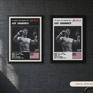 May include: Two framed posters featuring a black and white photograph of Ken Shamrock with his arms raised. The text reads The World's Most Dangerous Man, 28-17-2, Ken Shamrock, height 6'1, weight 205lbs, reach 73, stance orthodox, DOB 11th February 1964.