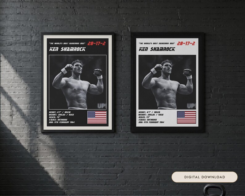 May include: Two framed posters featuring a black and white photograph of Ken Shamrock with his arms raised. The text reads The World's Most Dangerous Man, 28-17-2, Ken Shamrock, height 6'1, weight 205lbs, reach 73, stance orthodox, DOB 11th February 1964.